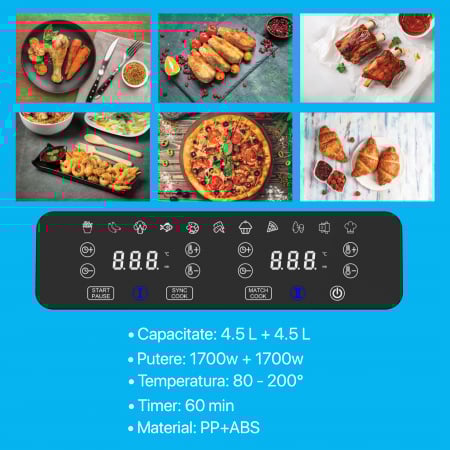 Friteuza cu aer Zenkabeat V2 Ultimate Dual-Pot Airfryer, 2400W, capacitate 9L, 11 programe presetate, Tehnologie Deep-Fry, temperatura ajustabila 80-200°C, timer 0-60 minute, poturi detasabile, displa [2]