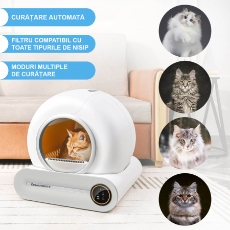Litiera Smart Zenkabeat Dream-Nest pentru pisici, Sistem Auto Curatare, Sterilizare Automata UV, Senzori Ambientali Deep-Clean, aplicatie mobila Tuya, 9L, Alb [4]