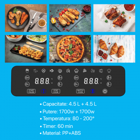 Resigilat Friteuza cu aer Zenkabeat V2 Ultimate Dual-Pot Airfryer, 2400W, capacitate 9L, 11 programe presetate, Tehnologie Deep-Fry, temperatura ajustabila 80-200°C, timer 0-60 minute, poturi detasabi [2]