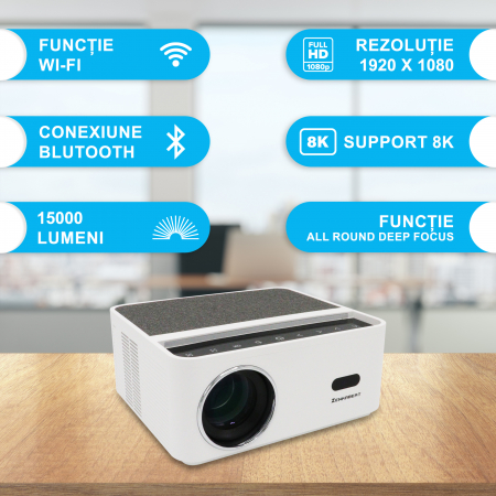 Resigilat Videoproiector ZENKABEAT ZK8320-Ultra, Android WiFi, Bluetooth, 15000 Lumeni, Portabil, Rezolutie 1920 x 1080 Full HD, Support 8K, LED, HDMI, VGA, AV, USB, Audio [2]