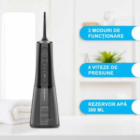 Irigator Oral Profesional ZENKABEAT Portabil pentru Dus Bucal, 12 Programe de Lucru, Smart Cleaning Technology, 1800 Impulsuri/min, 7 Capete, Rezervor 300ml, IPX7 Waterproof, Negru [2]