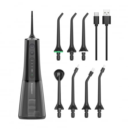 Ingrijire Personala - Irigator Oral Profesional ZENKABEAT Portabil pentru Dus Bucal, 12 Programe de Lucru, Smart Cleaning Technology, 1800 Impulsuri/min, 7 Capete, Rezervor 300ml, IPX7 Waterproof, Negru