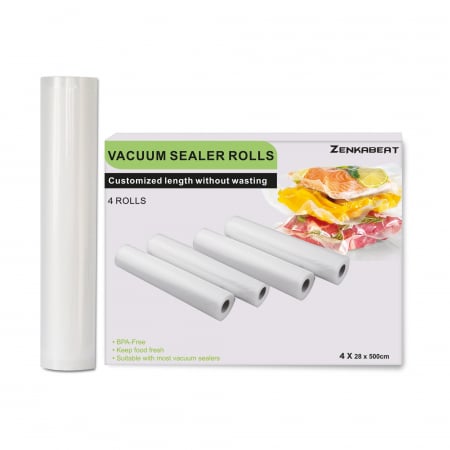 Home and Kitchen - Set 4 role folie profesionala ZKB EasyVac Premium-Q pentru aparate de vidat alimente, universale gofrate, rezistente, fara BPA, compatibilitate universala, 28 x 500, Transparent, Alb