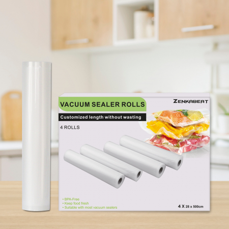 Set 4 role folie profesionala ZKB EasyVac Premium-Q pentru aparate de vidat alimente, universale gofrate, rezistente, fara BPA, compatibilitate universala, 28 x 500, Transparent, Alb [2]