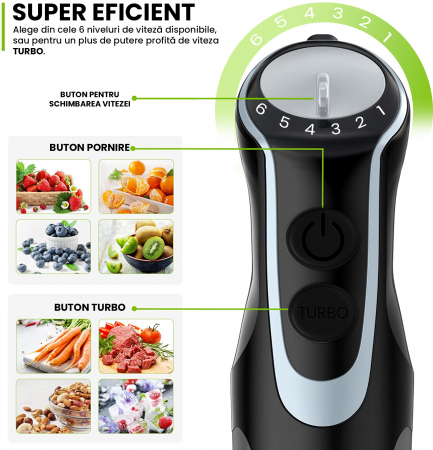 Set Blender 4 in 1 Zenkabeat B23 cu putere 1000W, Mixer vertical profesional, 6 trepte de viteza si functie Turbo, Multifunctional, Negru [3]