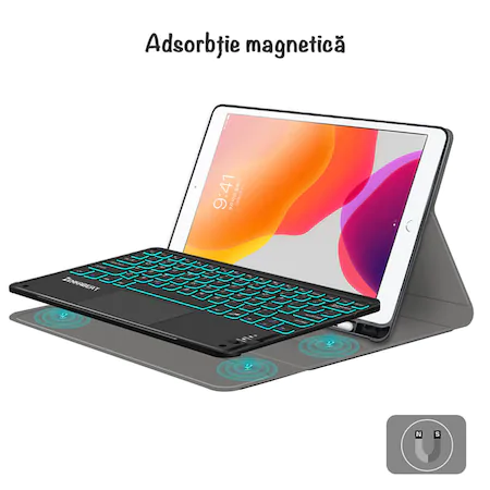 Tastatura Wireless cu Touchpad ZENKABEAT si Husa de piele pentru iPad 10th Generation 2022,10.9”, Baterie reincarcabila de 500mAh, Suport Apple Pencil/ Stylus Pen, Neagra [6]