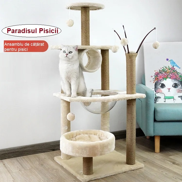 Ansamblu de Joaca pentru Pisici - 120 cm, cu Cuib, Tunel, Bol Transparent, Crem [4]