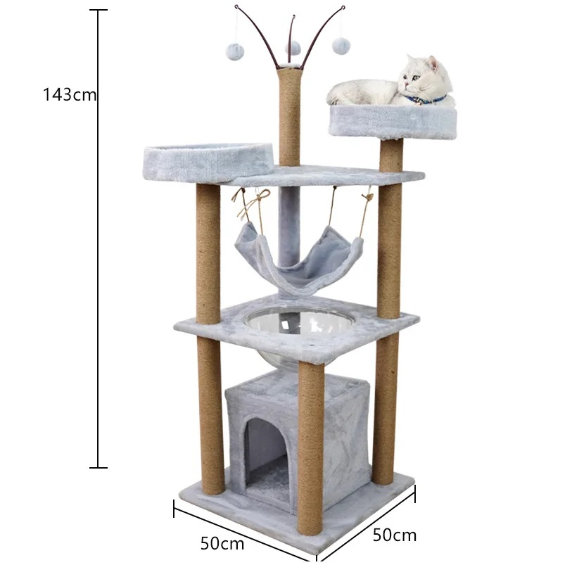 Ansamblu de joaca pentru pisici - 143 cm, cu hamac, cuiburi si capsulă transparenta, Gri [5]