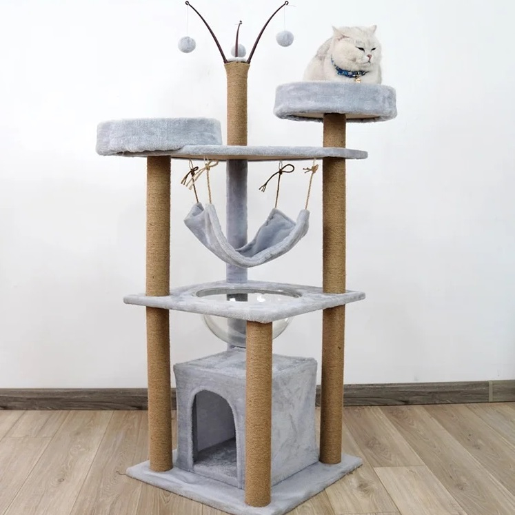 Ansamblu de joaca pentru pisici - 143 cm, cu hamac, cuiburi si capsulă transparenta, Gri [2]