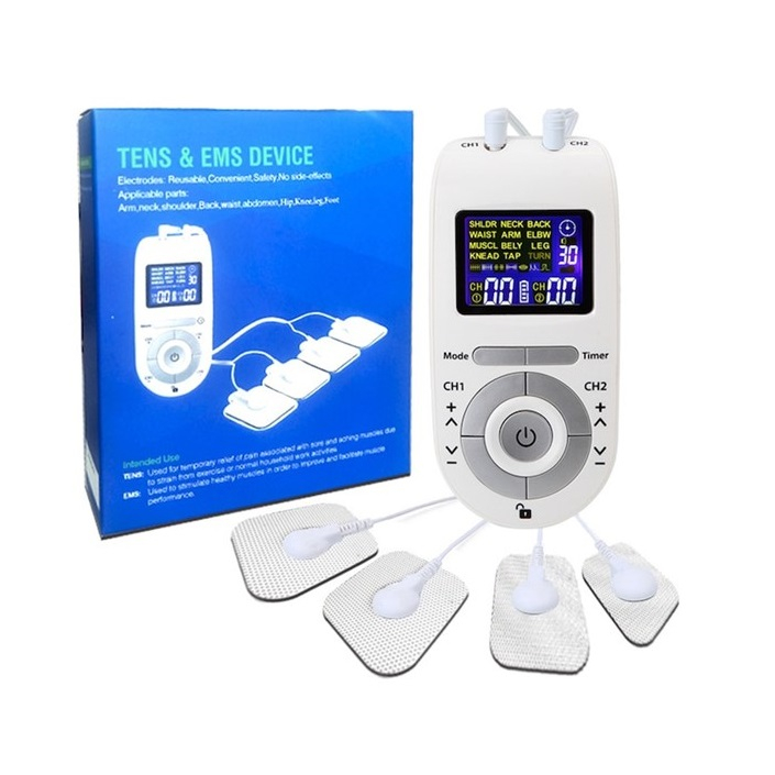 Aparat de masaj cu electrostimulare 12 programe, 40 niveluri intensitate, 4 electrozi, Display digital, Alb [1]