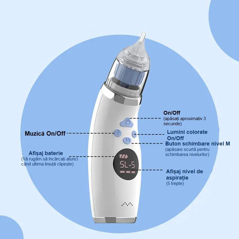 Aspirator nazal electric pentru bebeluși - 5 trepte, lumină colorată, muzică + 3 capete din silicon [8]