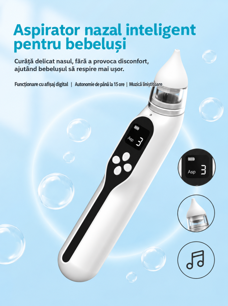 Aspirator Nazal Electric pentru Bebelusi Zenva, Reincarcabil USB, cu 2 Capete din Silicon, Aspirare Reglabila [3]