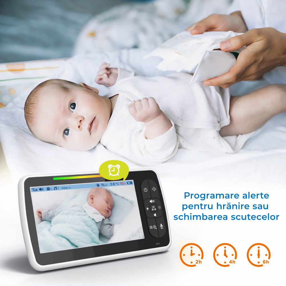 Baby Monitor SM650- Sistem de Monitorizare Video si Audio Pentru Bebelusi, Ecran HD 5 inch LCD, Rotire 355°, Mod Nocturn, VOX, Rotire Orizontala/Verticala, Temperatura, Cantece de Leagan [10]