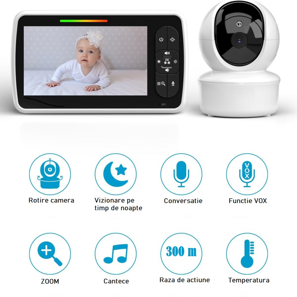Baby Monitor SM650- Sistem de Monitorizare Video si Audio Pentru Bebelusi, Ecran HD 5 inch LCD, Rotire 355°, Mod Nocturn, VOX, Rotire Orizontala/Verticala, Temperatura, Cantece de Leagan [5]