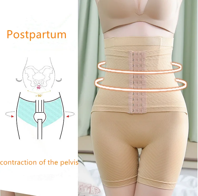 Colanti scurti modelatori cu centura abdominala postnatala integrate, Crem XS/S [6]