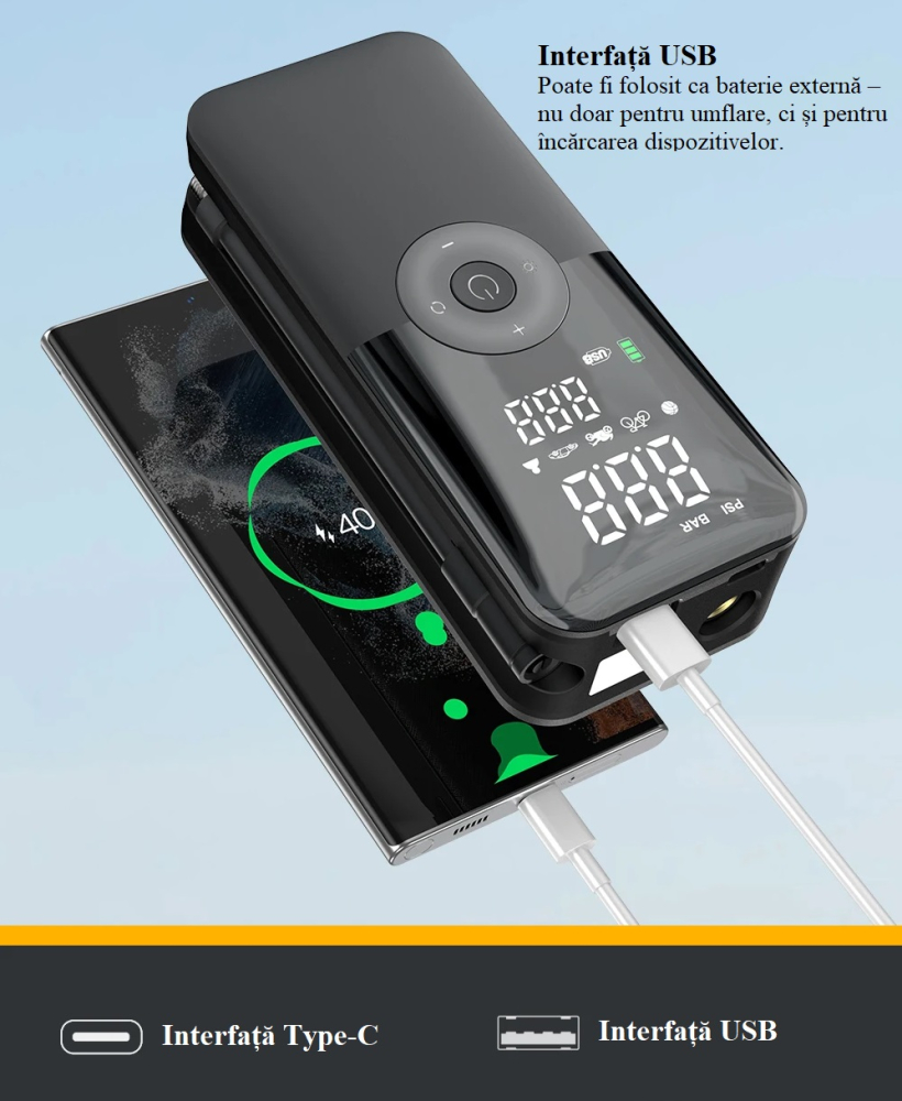 Compresor Auto Portabil multifunctional 150 PSI - Cu Baterie 5200 mAh, Iluminare LED și Ecran Digital [9]