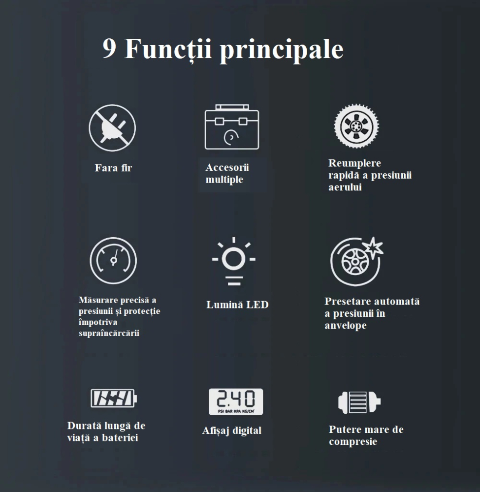 Compresor Auto Portabil multifunctional 150 PSI - Cu Baterie 5200 mAh, Iluminare LED și Ecran Digital [4]