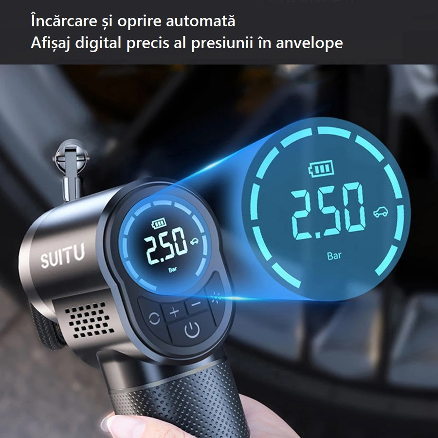 Compresor auto cu baterie portabil tip pistol 150 PSI – Pompa de aer digitala multifunctionala [2]