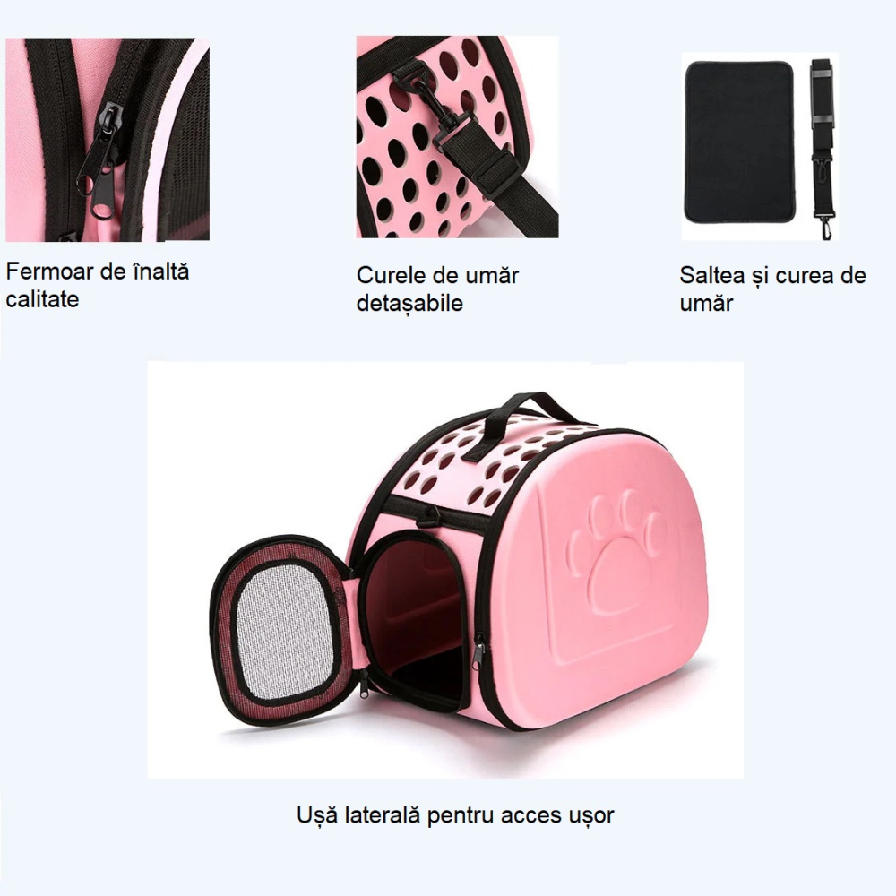 Cusca pliabila pentru pisici si caini de talie mica - portabila, aerisita si usor de transportat, Roz [7]