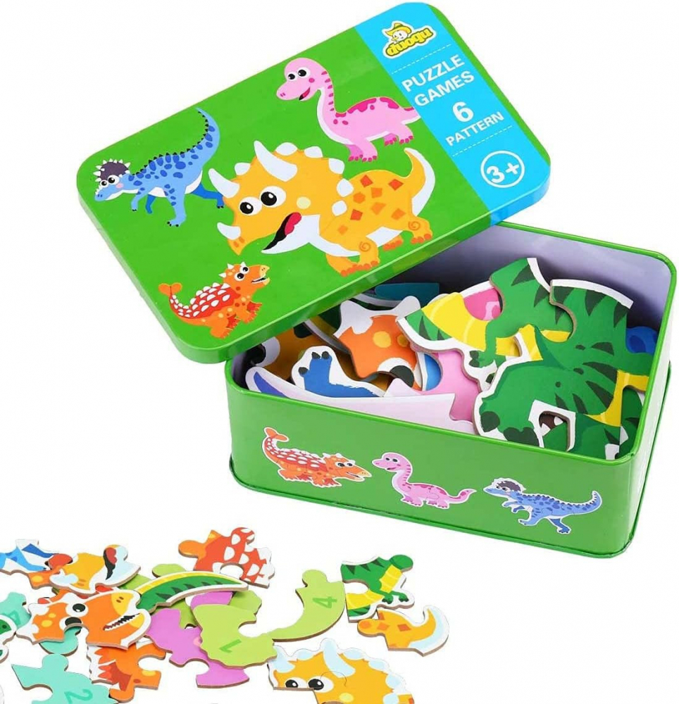 Cutie cu set de 6 puzzle-uri cu dinozauri, lemn/metal, multicolor, 16 x 10 x 7 cm [3]