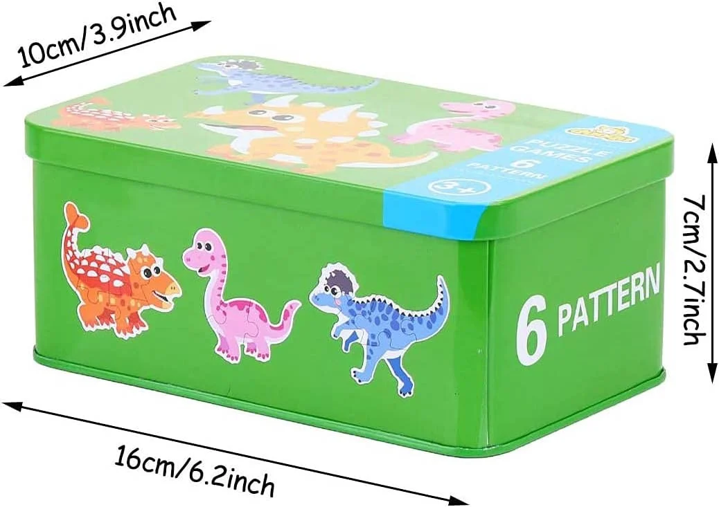 Cutie cu set de 6 puzzle-uri cu dinozauri, lemn/metal, multicolor, 16 x 10 x 7 cm [5]