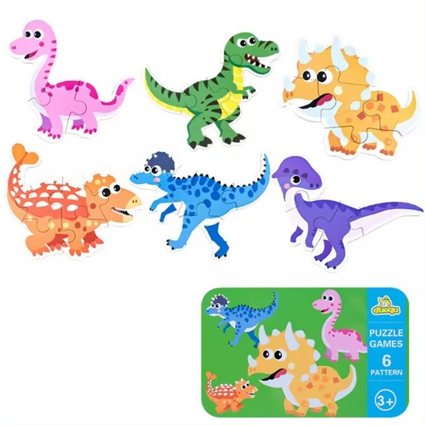 Cutie cu set de 6 puzzle-uri cu dinozauri, lemn/metal, multicolor, 16 x 10 x 7 cm [4]