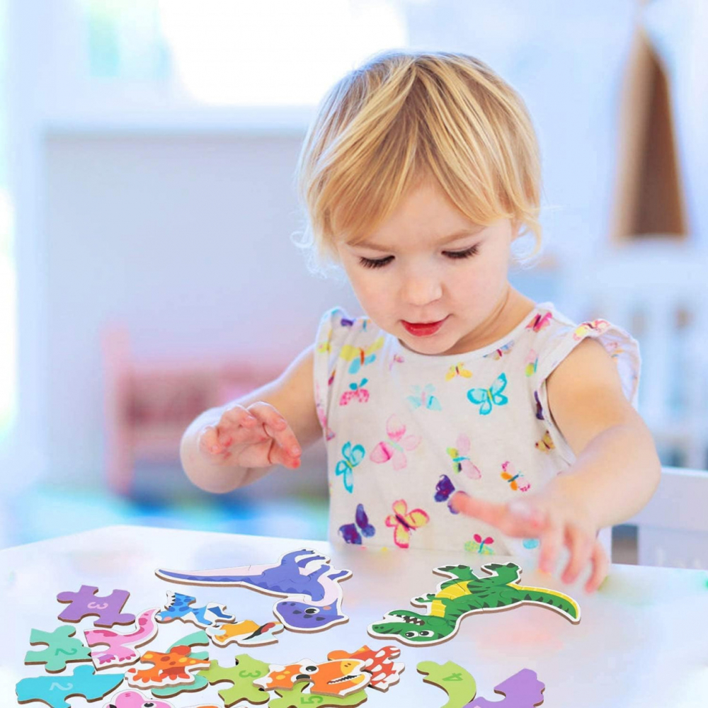Cutie cu set de 6 puzzle-uri cu dinozauri, lemn/metal, multicolor, 16 x 10 x 7 cm [6]