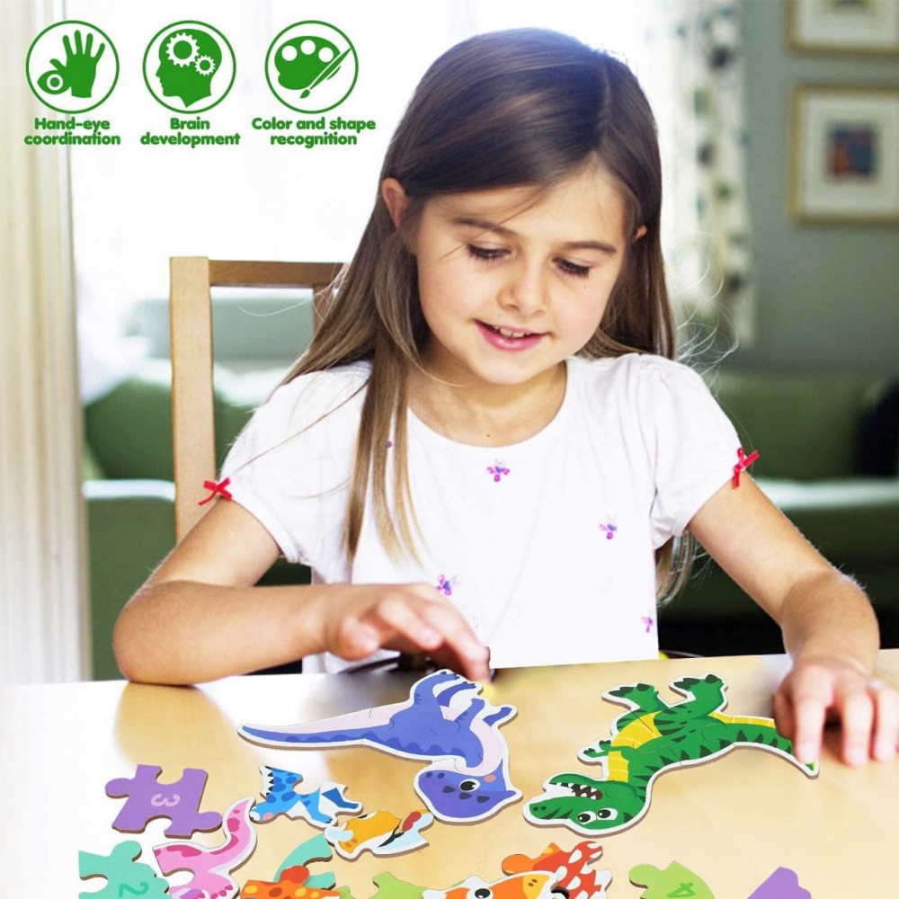 Cutie cu set de 6 puzzle-uri cu dinozauri, lemn/metal, multicolor, 16 x 10 x 7 cm [8]