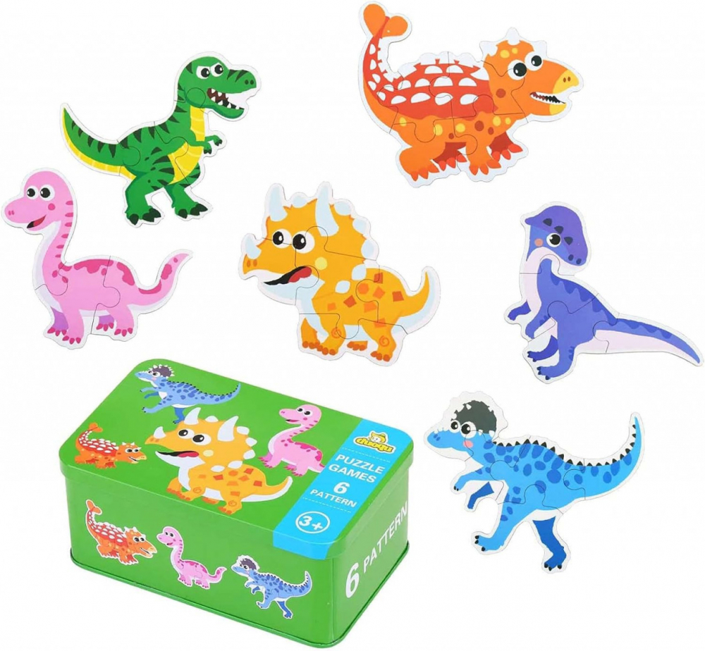 Cutie cu set de 6 puzzle-uri cu dinozauri, lemn/metal, multicolor, 16 x 10 x 7 cm [1]
