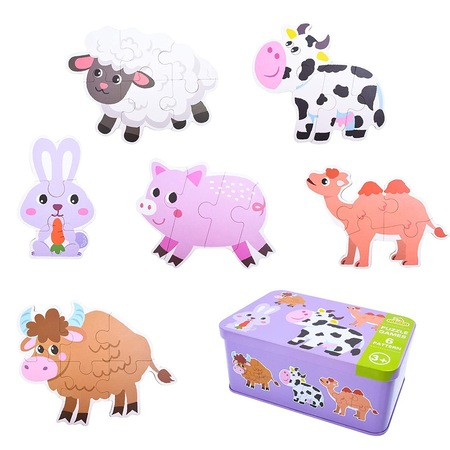 Cutie cu set de 6 puzzle-uri cu animale Zenva, lemn/metal, multicolor, 16 x 10 x 7 cm [4]