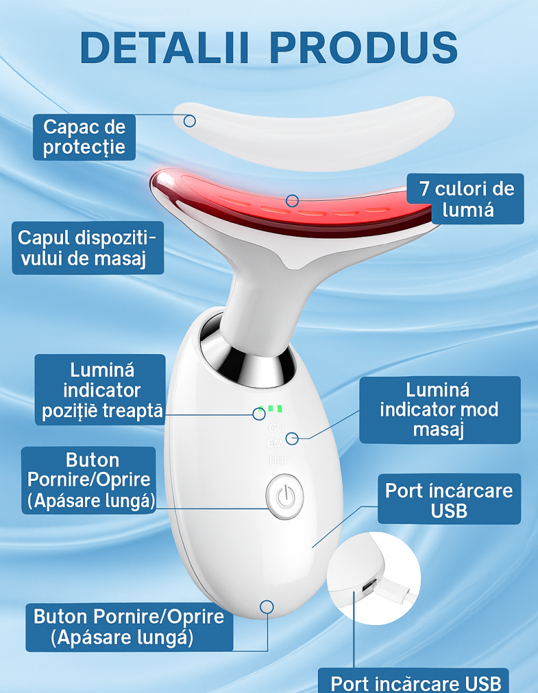 Dispozitiv de Masaj si Lifting Facial cu Terapie LED 7 Culori si incalzire, Alb [6]