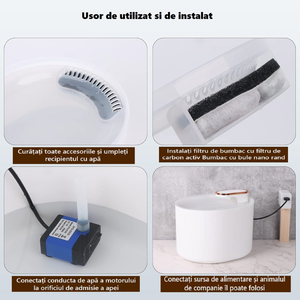 Fantana de apa pentru pisici si caini - pompa silentioasa, filtru carbon, capacitate 3 L, USB, Alb [5]