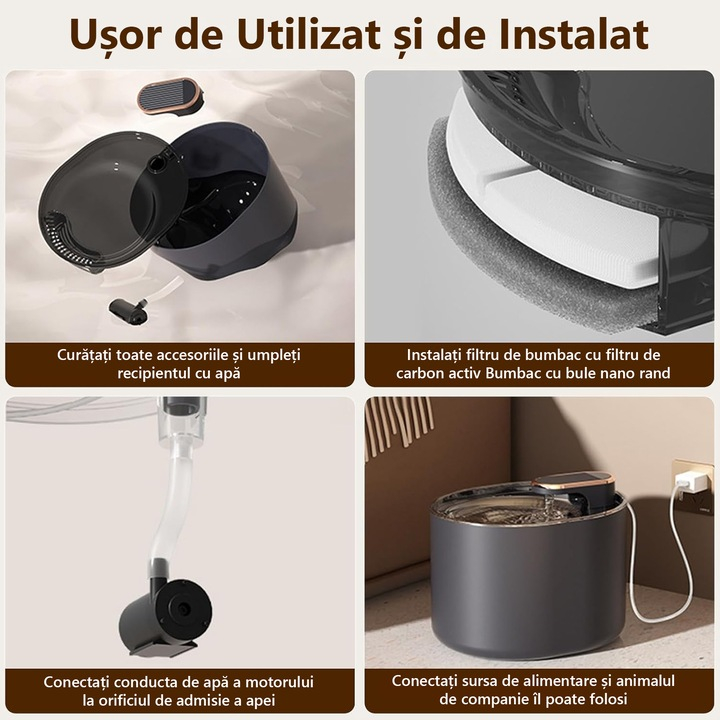 Fantana de apa pentru pisici si caini - pompa silentioasa, filtru carbon, capacitate 3 L, USB, Negru [8]