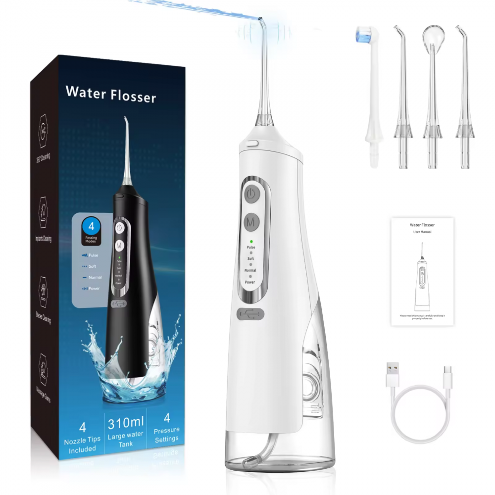 Irigator Oral Profesional Tip Dus Bucal, 4 trepte de reglare, 4 capete de ingrijire, Portabil Alb [1]