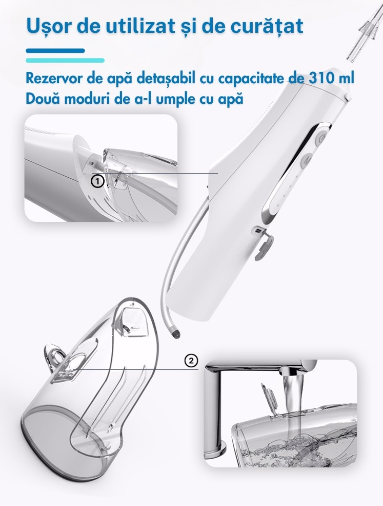 Irigator Oral Profesional Tip Dus Bucal, 4 trepte de reglare, 4 capete de ingrijire, Portabil Alb [4]