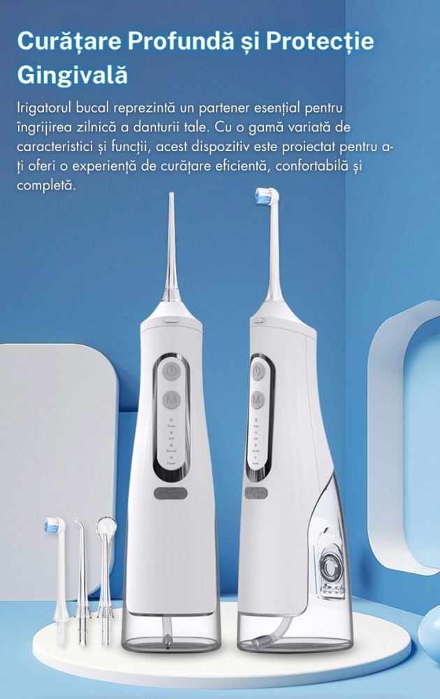 Irigator Oral Profesional Tip Dus Bucal, 4 trepte de reglare, 4 capete de ingrijire, Portabil Alb [2]