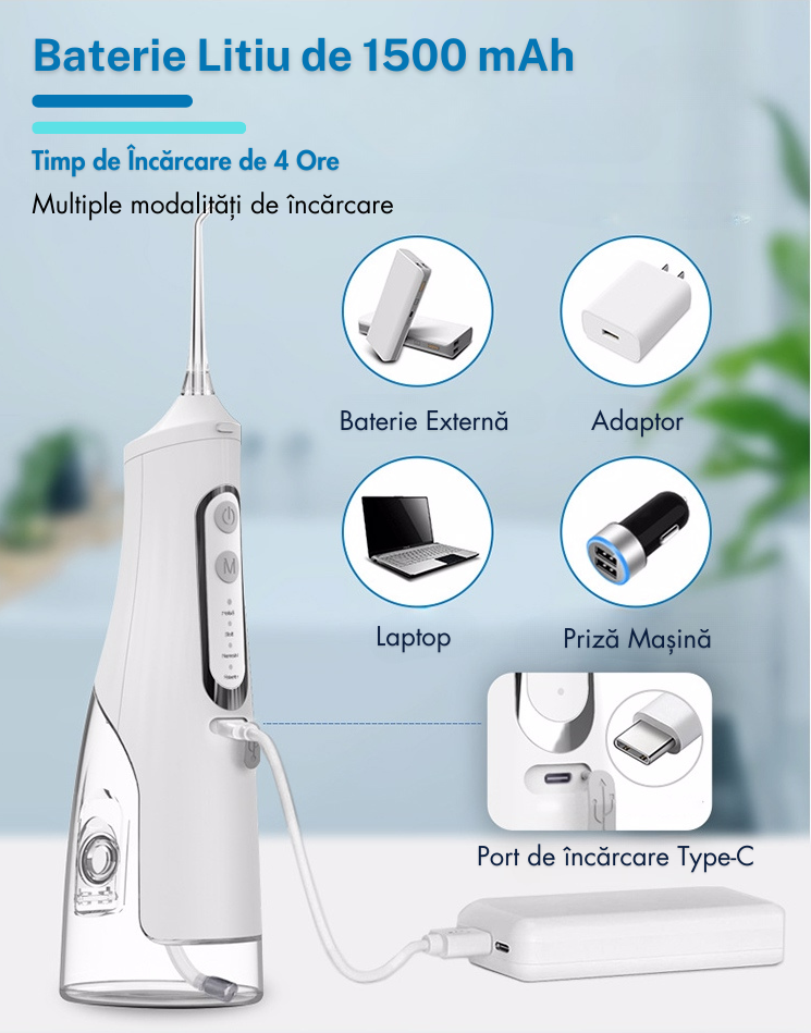 Irigator Oral Profesional Tip Dus Bucal, 4 trepte de reglare, 4 capete de ingrijire, Portabil Alb [3]