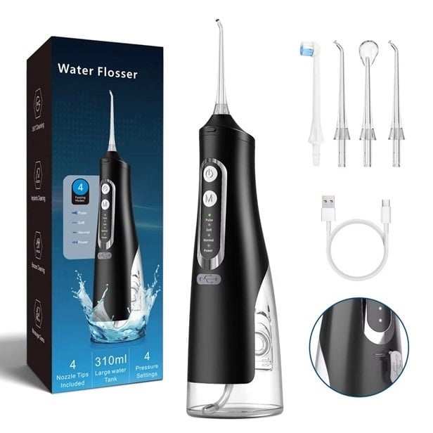 Irigator Oral Profesional Tip Dus Bucal, 4 trepte de reglare,4 capete de ingrijire, Portabil Negru [1]
