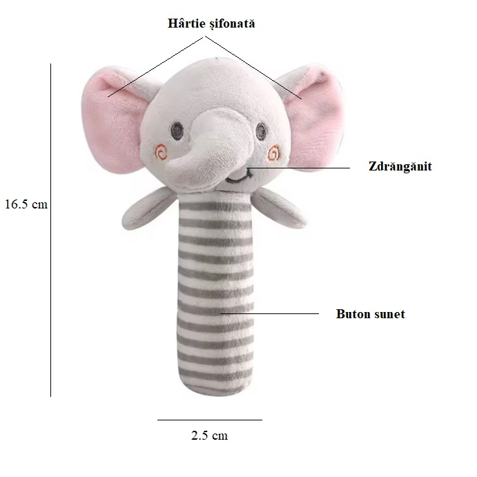 Jucarie zornaitoare de plus, pentru bebelusi, Elefant, roz, 16.5 cm [3]