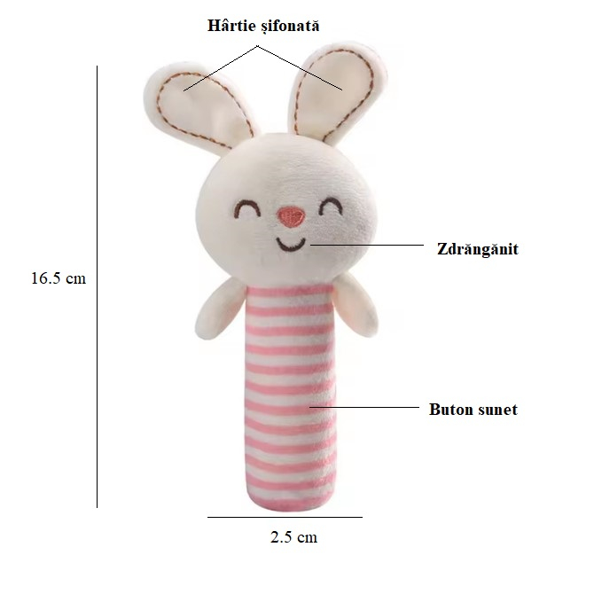 Jucarie zornaitoare de plus, pentru bebelusi, Iepuras, roz, 16.5 cm [2]