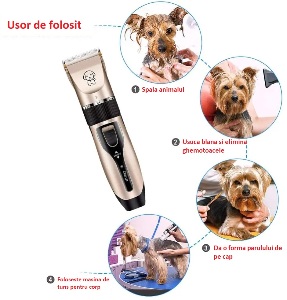 Masina de tuns caini si pisici cu acumulator reincarcabila USB - 4 capete reglabile, silentioasa [6]