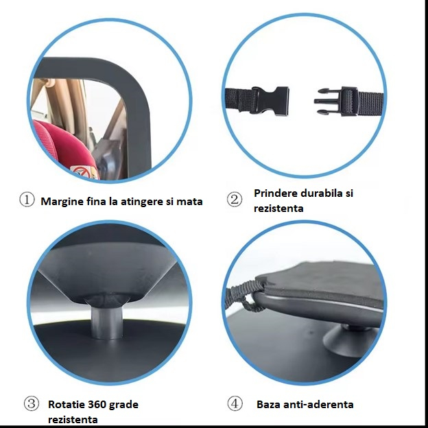 Oglinda auto pentru supraveghere bebelusi, rotire 360 grade, fixare tetiera, 25.5x17.5 cm Zenva [5]