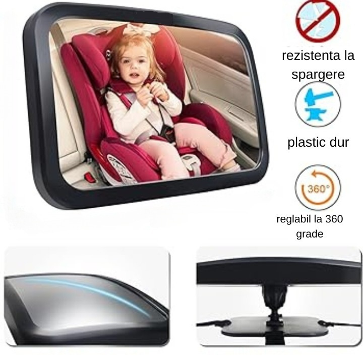 Oglinda auto pentru supraveghere bebelusi, rotire 360 grade, fixare tetiera, 25.5x17.5 cm Zenva [7]