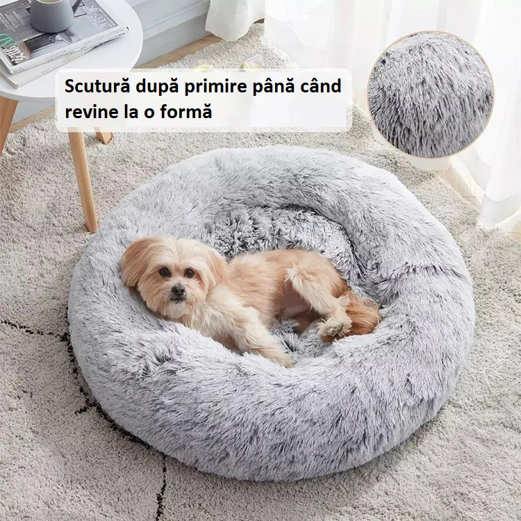 Pat pufos rotund pentru pisici si caini mici, 50 cm diametru – moale si confortabil, Gri [6]
