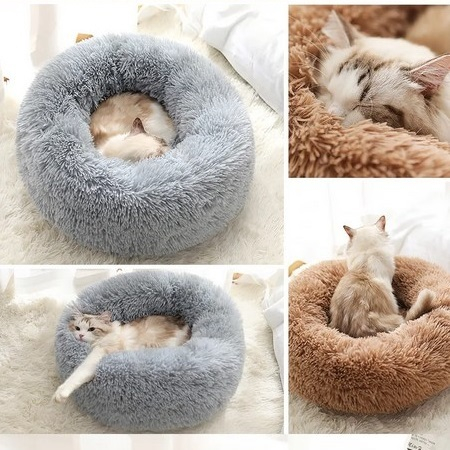 Pat pufos rotund pentru pisici si caini mici, 50 cm diametru – moale si confortabil, Gri [9]