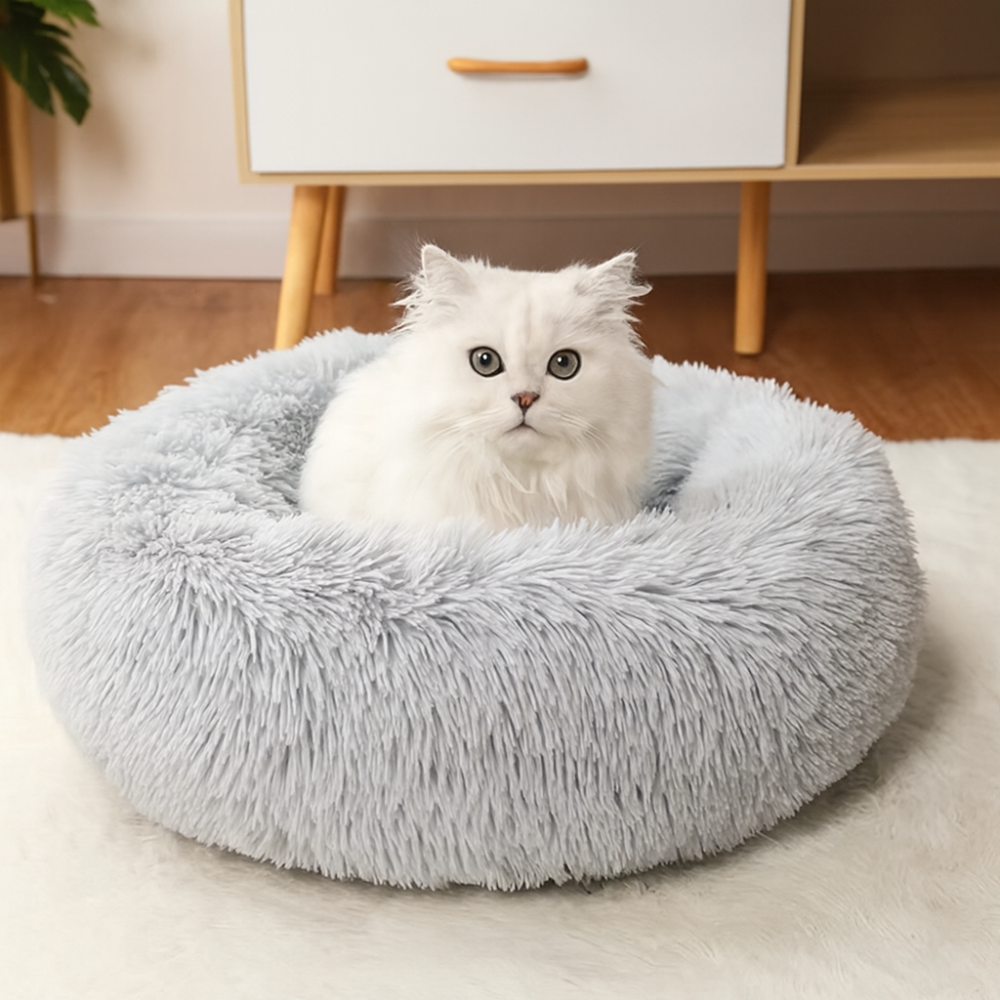 Pat pufos rotund pentru pisici si caini mici, 60 cm diametru – moale si confortabil, Gri [2]