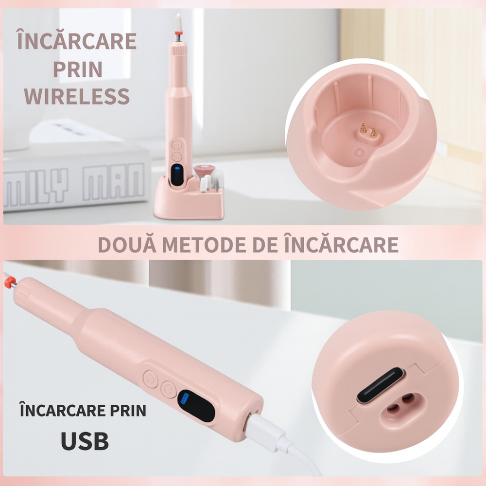 Pila de unghii profesionala, wireless, pentru manichiura-pedichiura, 18000 RPM, 3 viteze, Roz [5]