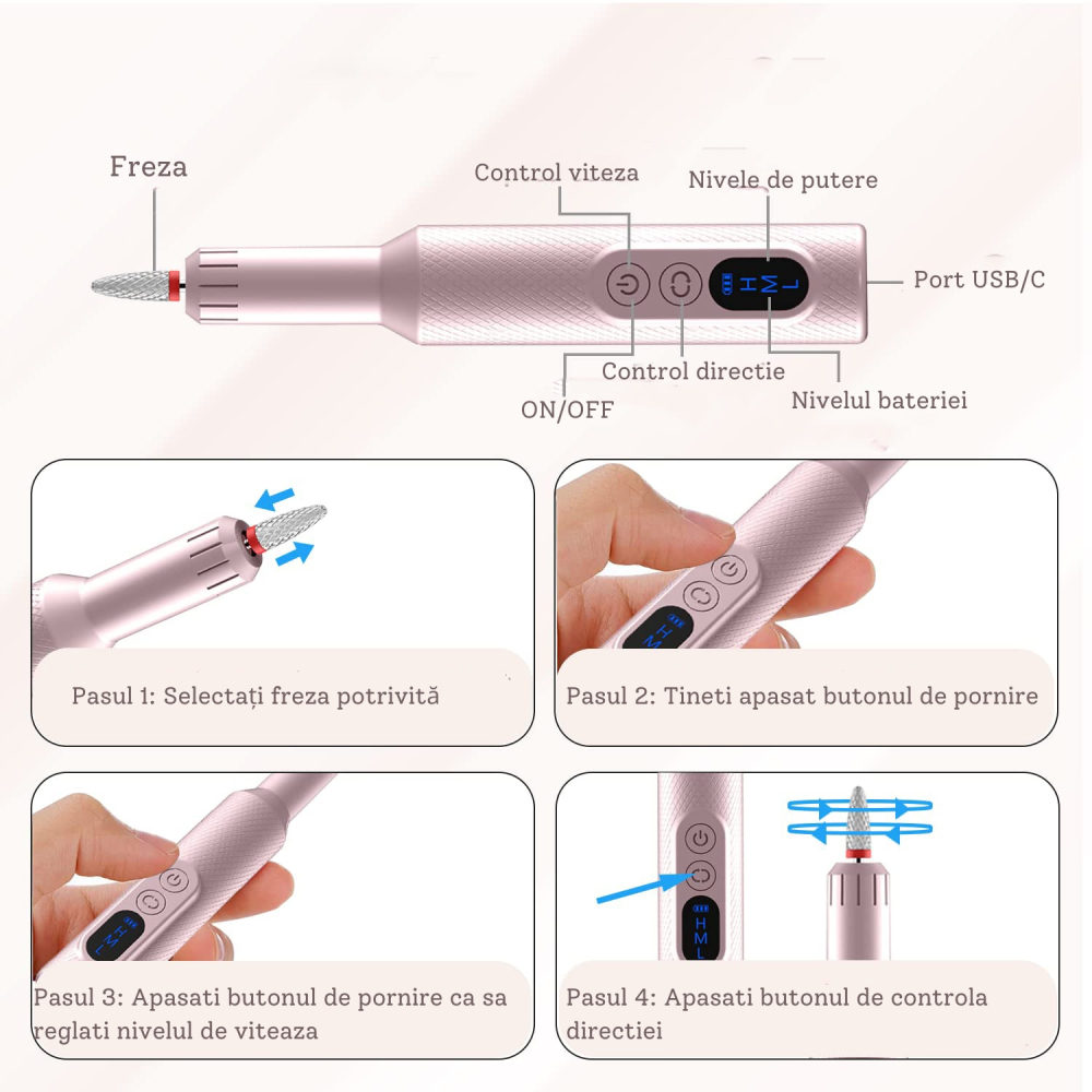 Pila de unghii profesionala, wireless, pentru manichiura-pedichiura, 18000 RPM, 3 viteze, Roz [7]