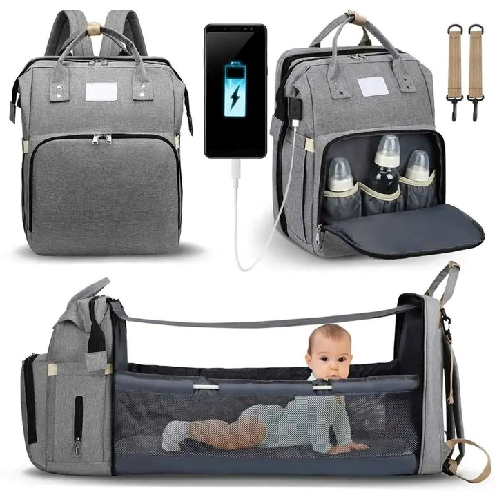 Ghiozdan Multifunctional pentru Mamici, Bebelusi si Copii, Patut Extensibil, Impermeabil, Prindere Carucior, Albastru [7]