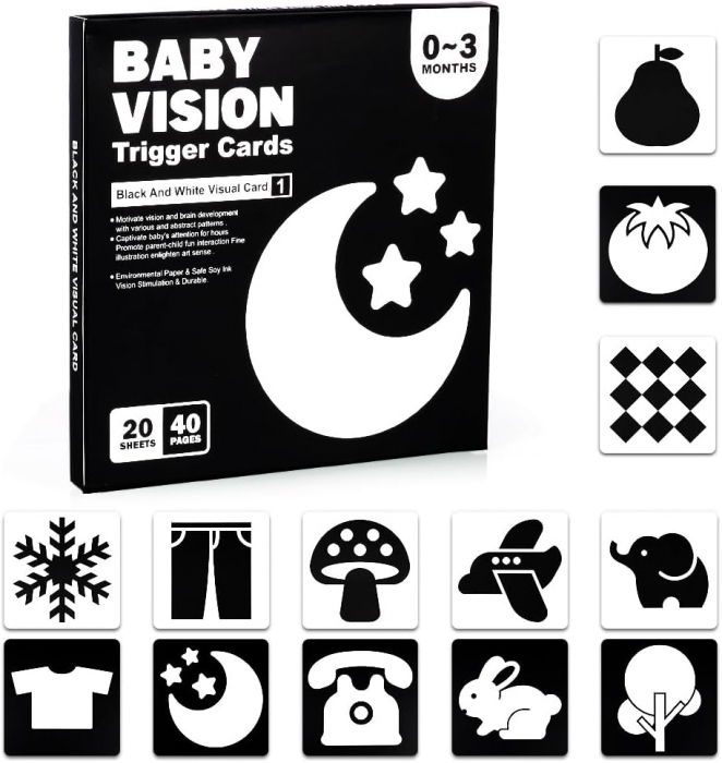 Set 20 carduri stimulare vizuala bebelusi, cartonase cu imagini, alb-negru, 0-3-luni [5]